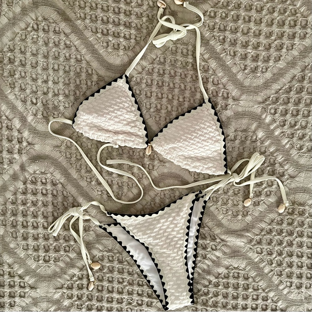 Boho Cowrie White Bikini with Black Trim